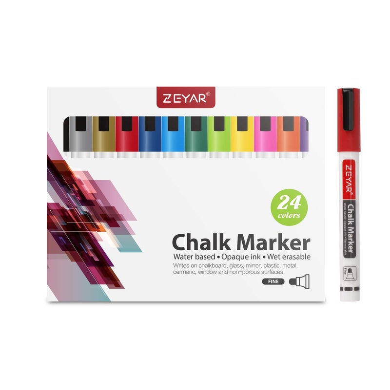 ZEYAR Liquid Chalk Marker-Wet Erase Marker, 24 Colors, 1.2mm Fine Tip for Detailed Drawing, Writes on Nonporous Chalkboards, Bistro Boards, Windows, Plastic and more (24 Colors) - Image 2